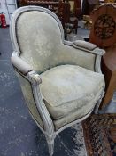 A PAIR OF FRENCH GREY PAINTED FAUTEUILS, THE BACKS ROUND ARCHED, THE HAND RESTS AND ARM FRONTS