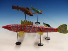 FOUR FISH FORM ICE FISHING LURES, ONE BY LYLE CHEVI. W 18.5cms. ANOTHER BY JAMES HOYLAND. W 16.5cms.