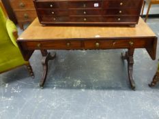 A REGENCY MAHOGANY AND BOXSTRUNG SOFA TABLE ON SABRE LEGS. 162 x 73 x H.70cms.