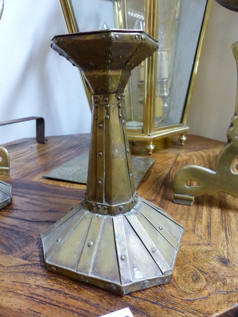 A PAIR OF ARTS AND CRAFTS CANDLESTICKS AND AN EMBOSSED BRASS PANEL. - Image 4 of 4