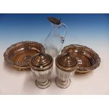 A PAIR OF SHEFFIELD PLATE WINE COASTERS, TOGETHER WITH TWO SILVER LIDDED CONDIMENT JARS AND A OIL