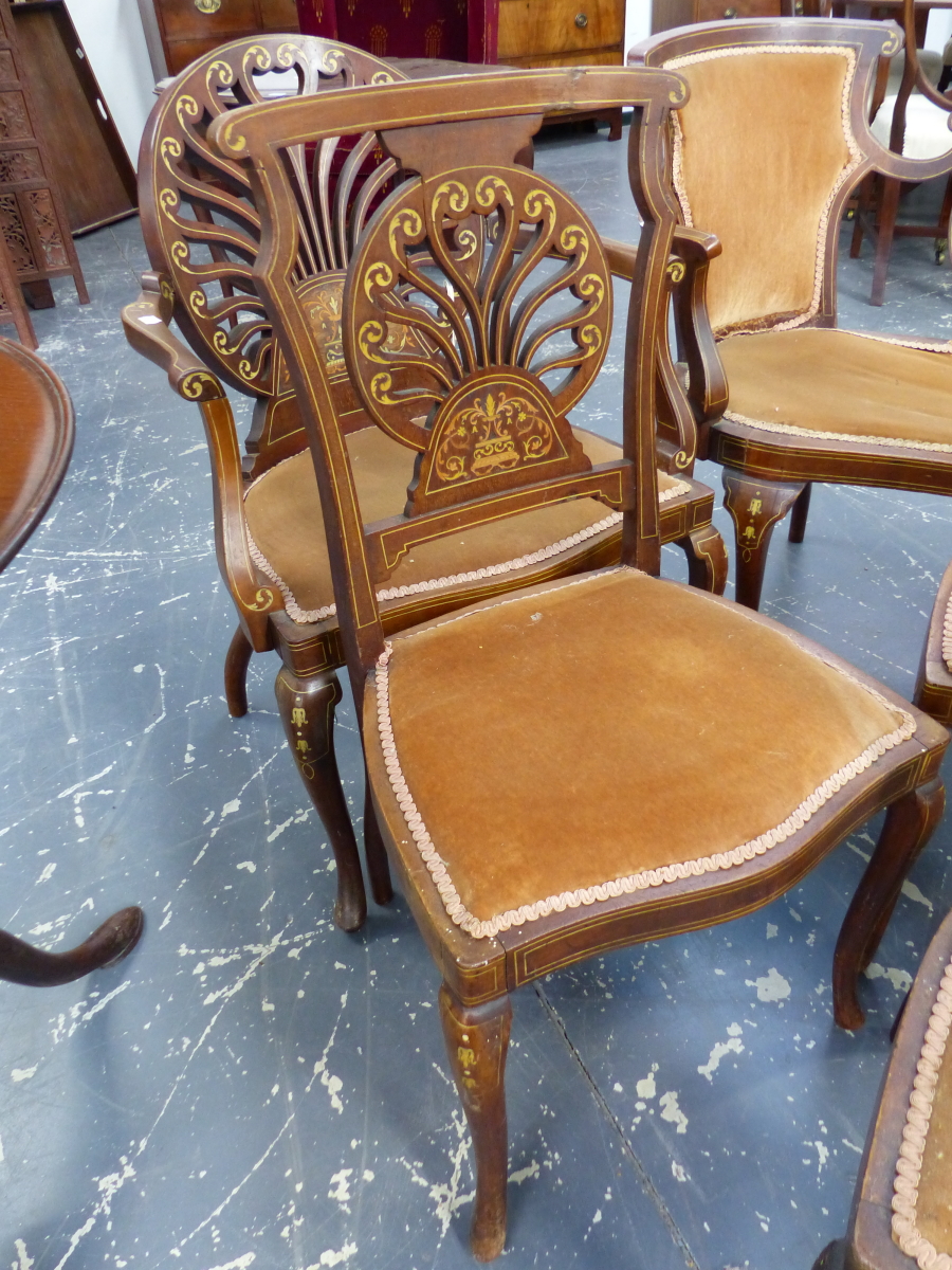 A SEVEN PIECE EDWARDIAN SUITE OF MAHOGANY SEAT FURNITURE, EACH WITH MARQUETRY ANTHEMION CRESCENT - Image 4 of 8