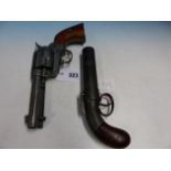 TWO REPRODUCTION SIX GUN PISTOLS, THE PERCUSSION CAP EXAMPLED WITH REVOLVING BARREL. W 22cms. THE