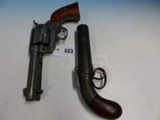 TWO REPRODUCTION SIX GUN PISTOLS, THE PERCUSSION CAP EXAMPLED WITH REVOLVING BARREL. W 22cms. THE