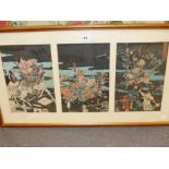 ATTRIBUTED TO UTUGAWA YOSHICHIKA (FL. 1850-1868), A JAPANESE WOODBLOCK PRINT TRIPTYCH BATTLE SCENE