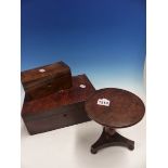 A VICTORIAN MINIATURE APPRENTICE TILT TOP CENTRE TABLE ON BUN FEET TOGETHER WITH A MAHOGANY WORK BOX