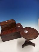 A VICTORIAN MINIATURE APPRENTICE TILT TOP CENTRE TABLE ON BUN FEET TOGETHER WITH A MAHOGANY WORK BOX