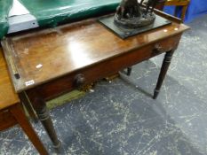 A VICTORIAN MAHOGANY WASHSTAND WITH LOW GALLERY BACK OVER FRIEZE DRAWER ON TURNED LEGS. 107 x 50 x