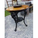 A CAST IRON BASED MAHOGANY TOP PUB TABLE. Dia.61cms TOGETHER WITH A SMALL BENTWOOD CHILD'S CHAIR. (