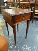 A SMALL MAHOGANY DROP LEAF WORK TABLE WITH TWO END DRAWERS ON SQUARE TAPERED LEGS.