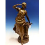 AFTER AUGUSTE MOREAU, A BRONZE FIGURE OF A FISHERMAN'S WIFE STANDING BY A CAPSTAN LOOKING OUT TO
