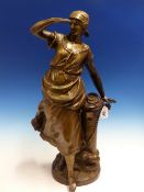 AFTER AUGUSTE MOREAU, A BRONZE FIGURE OF A FISHERMAN'S WIFE STANDING BY A CAPSTAN LOOKING OUT TO