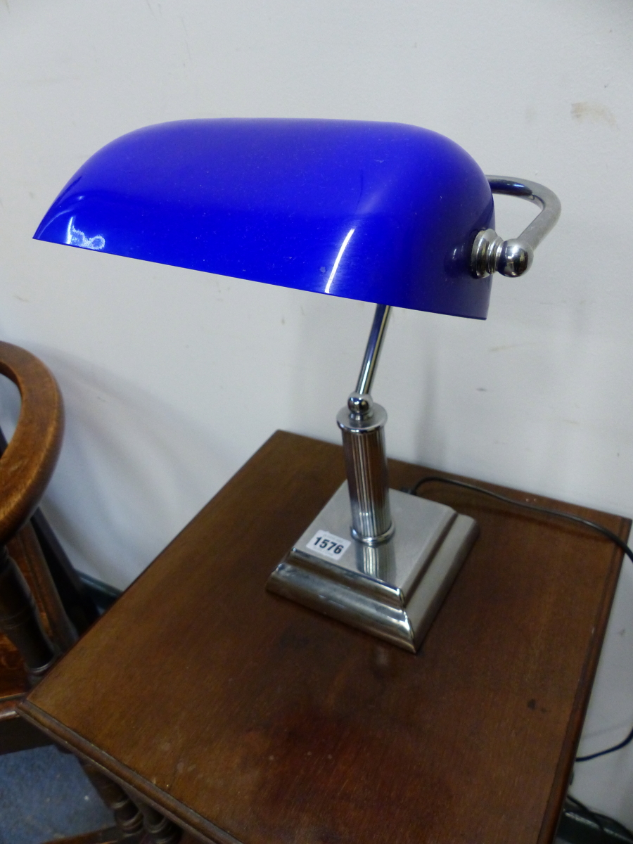 A LLOYTRON CHROME BANKER LAMP WITH BLUE ROUNDED RECTANGULAR SHADE