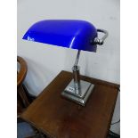 A LLOYTRON CHROME BANKER LAMP WITH BLUE ROUNDED RECTANGULAR SHADE