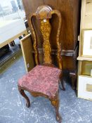 AN EARLY 19th.C.DUTCH MARQUETRY DINING CHAIR AND A SMALL GILTWOOD SIDE TABLE WITH INSET MARBLE