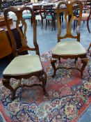 A PAIR OF EARLY 18th C. STYLE WALNUT SIDE CHAIRS, THE PIERCED BALUSTER SPLATS ABOVE DROP IN SEATS,