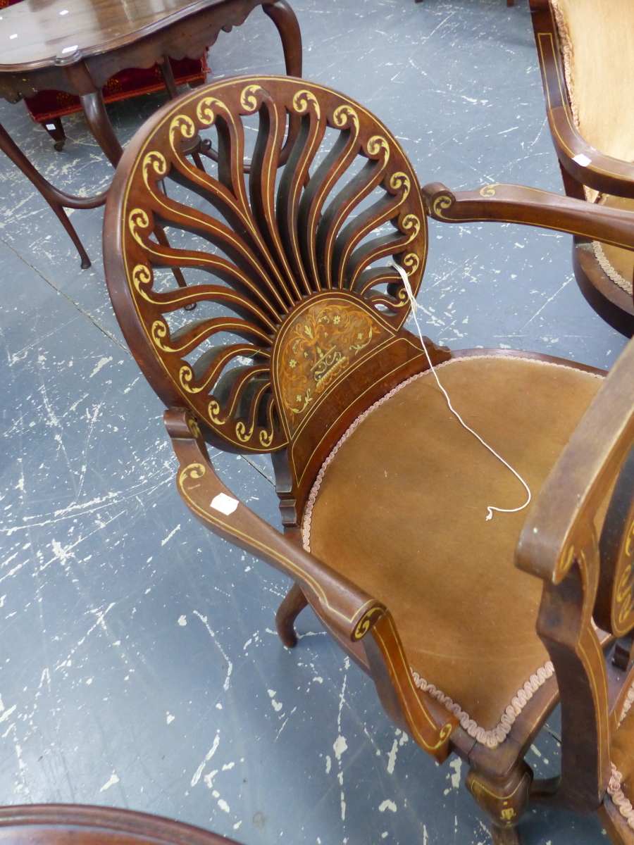 A SEVEN PIECE EDWARDIAN SUITE OF MAHOGANY SEAT FURNITURE, EACH WITH MARQUETRY ANTHEMION CRESCENT - Image 7 of 8