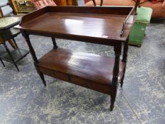 AN EARLY 19th.C.MAHOGANY TWO TIER SIDE TABLE WITH GALLERY BACK AND TWO LOWER DRAWERS. W.89 x H.