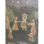 AN INDIAN PAINTING ON GREY SILK DEPICTING RAMA AND SITA DANCING IN A GLADE TO A BAND OF FOUR LADIES.