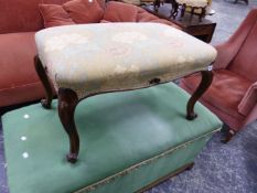 A VICTORIAN DRESSING STOOL ON SHAPED CABRIOLE LEGS. 72 x 44 x H.44cms.