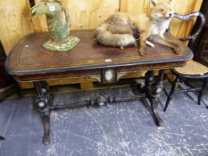 AN EDWARDS AND ROBERTS VICTORIAN WRITING TABLE, THE TOP LEATHER INSET INSIDE YEW AND EBONY BANDS,