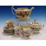 AN EARLY 19th C. BOTANICAL PART TEA SERVICE EACH PIECE PAINTED WITH FLOWER SPECIMENS, COMPRISING SIX