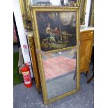 AN ANTIQUE CARVED GILTWOOD FRENCH TRUMEAU MIRROR, THE RECTANGULAR PLATE BELOW AN OIL PAINTING OF A