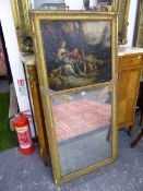 AN ANTIQUE CARVED GILTWOOD FRENCH TRUMEAU MIRROR, THE RECTANGULAR PLATE BELOW AN OIL PAINTING OF A