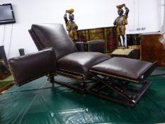 AN IMPRESSIVE VICTORIAN BROWN LEATHER ADJUSTABLE GENTLEMAN'S LIBRARY ARMCHAIR, POSSIBLY FOOT