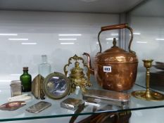 A COPPER KETTLE, A LUCAS SILVER KING BICYCLE LIGHT, A SILVER VESTA, BRASS INKWELL, IVORY NOTE PAD,