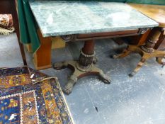 A Wm.IV.ROSEWOOD AND MARBLE TOP CONSOLE TABLE WITH PLATFORM BASE ON CARVED PAW FEET.