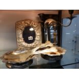 A PAIR OF SILVER PLATED WINE COASTERS, A TWO BRANCH CANDELABRA, PHOTO FRAME, ETC. (QTY)