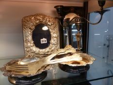 A PAIR OF SILVER PLATED WINE COASTERS, A TWO BRANCH CANDELABRA, PHOTO FRAME, ETC. (QTY)