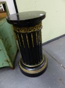 AN EBONISED AND GILTMETAL CYLINDRICAL PEDESTAL. Dia.46 x H.75cms.