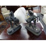 A PAIR OF SPELTER MARLEY HORSES AFTER COUSTOU, EACH REARING BESIDE THEIR HANDLERS. H 40cms.