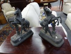 A PAIR OF SPELTER MARLEY HORSES AFTER COUSTOU, EACH REARING BESIDE THEIR HANDLERS. H 40cms.