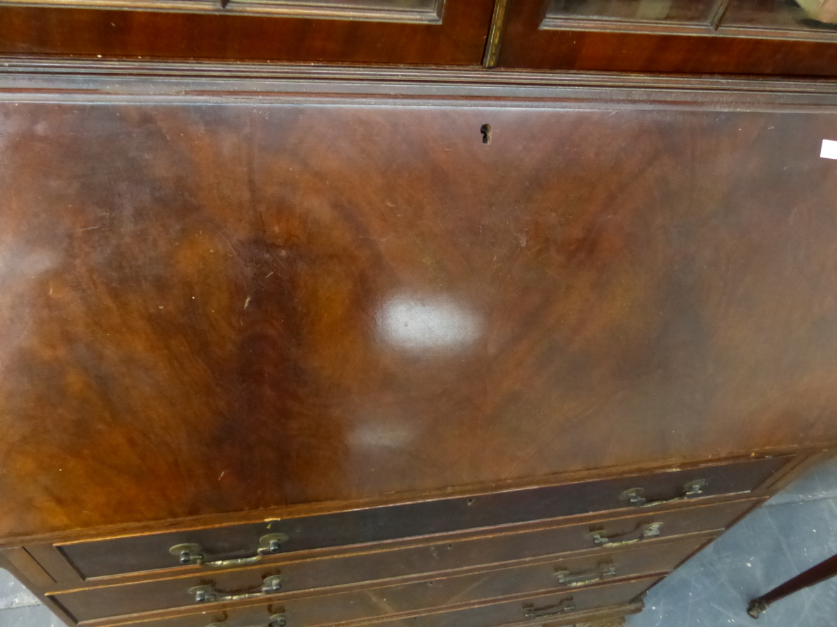 A GEORGIAN STYLE MAHOGANY BUREAU BOOK CASE, THE SHAPED SERPENTINE CORNICE OVER DOORS GLAZED WITH - Image 12 of 14