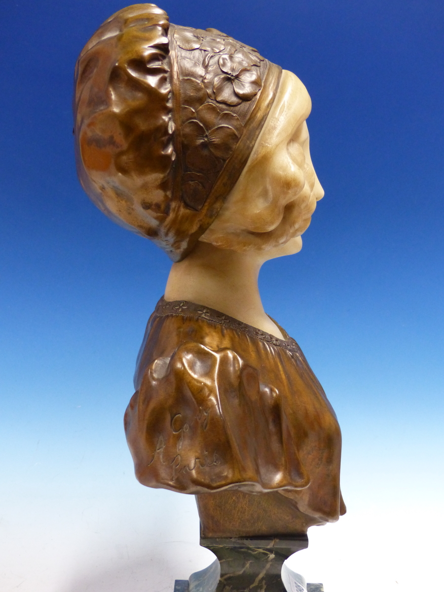 AFFORTUNATO GORY. (FL.1895-1925) A BRONZE AND WHITE MARBLE BUST OF A GIRL WEARING A FLORAL CAP. H. - Image 5 of 9