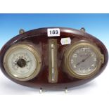 AN ARTHUR LAMBRECHT CLOCK, ANEROID BAROMETER AND THERMOMETER MOUNTED ON A MAHOGANY OVAL. W 30cms.