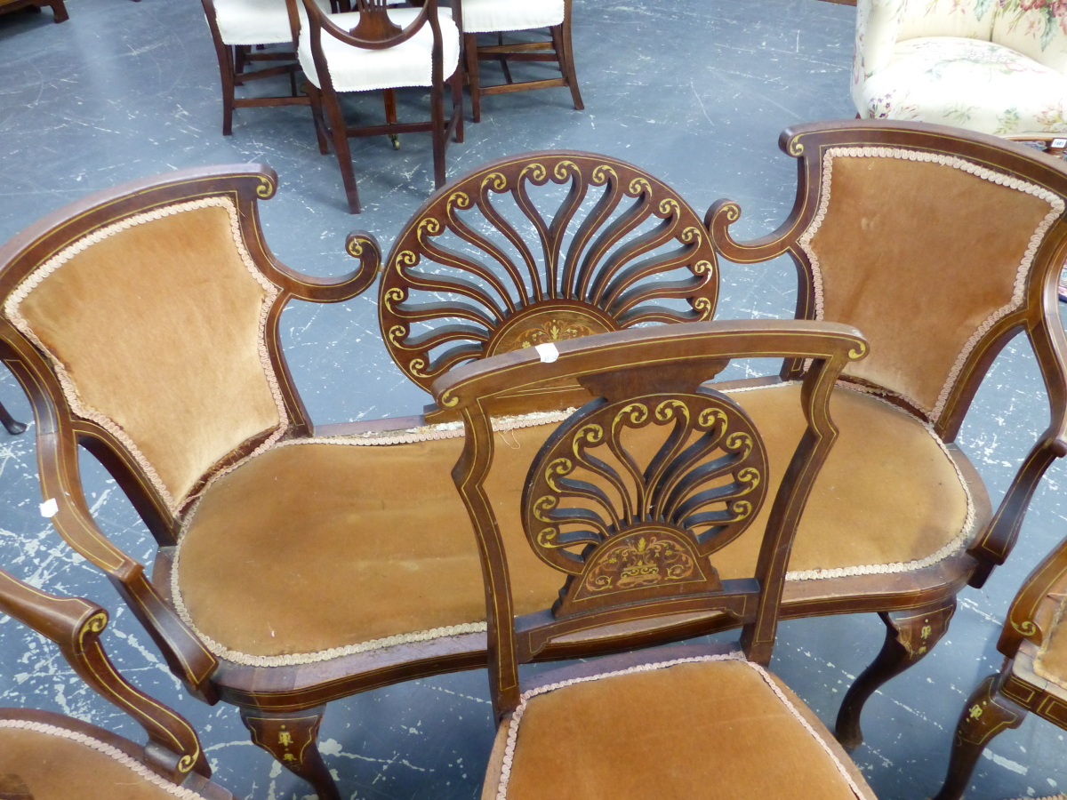 A SEVEN PIECE EDWARDIAN SUITE OF MAHOGANY SEAT FURNITURE, EACH WITH MARQUETRY ANTHEMION CRESCENT - Image 6 of 8