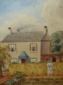 ENGLISH NAIVE SCHOOL. A CHILD PLAYING IN A FRONT GARDEN, WATERCOLOUR IN MAPLE FRAME. 34 x 28cms.