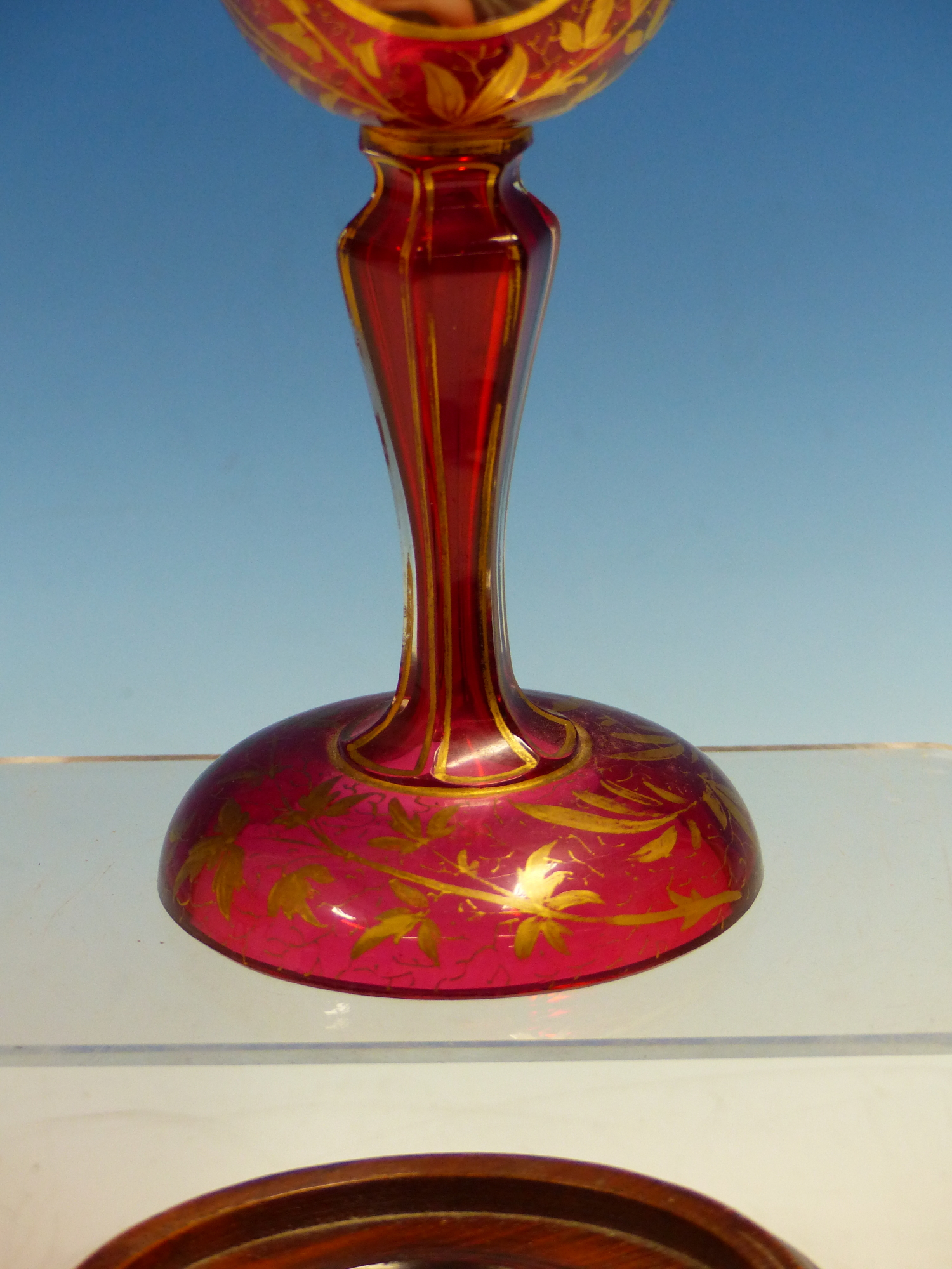 A BOHEMIAN GILT RUBY GLASS GOBLET ON A CHINESE WOOD STAND. - Image 3 of 17