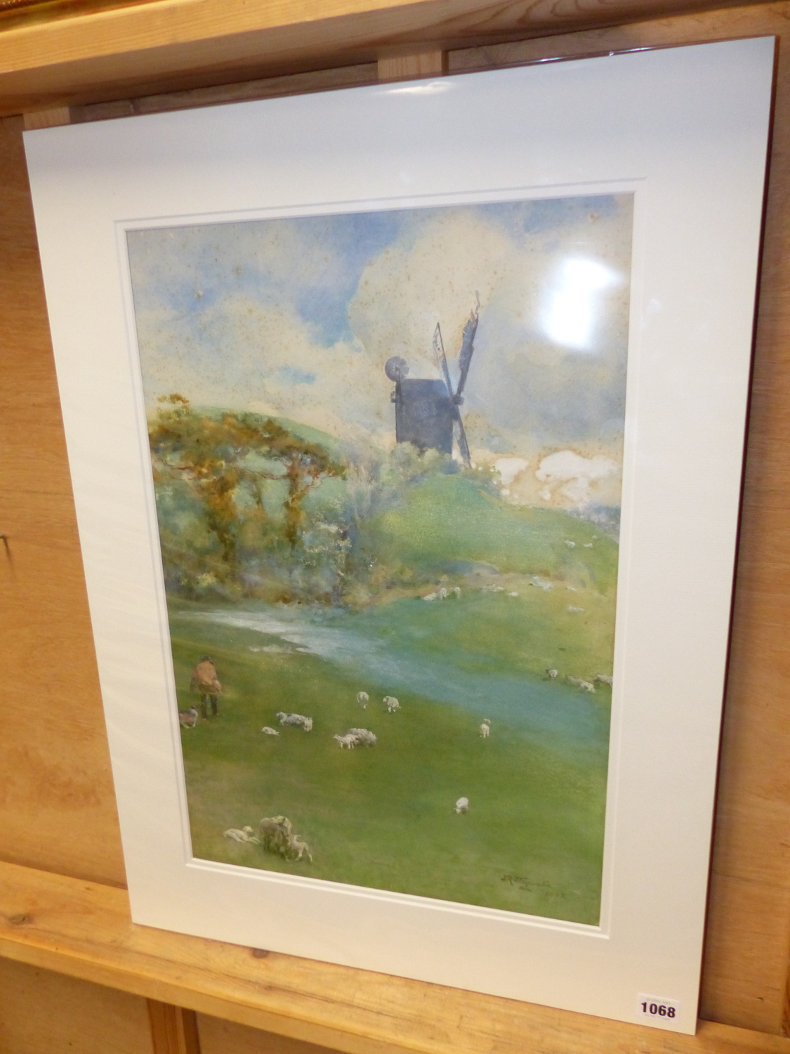 EARLY 20th.C.SCHOOL. SHEEP IN A LANDSCAPE WITH A WINDMILL, SIGNED AND INDISTINCTLY DATED 1908, - Image 2 of 5