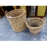 A LARGE WICKER TWIN HANDLED LOG BASKET AND ANOTHER SMALLER EXAMPLE. (2)`