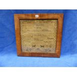 A MAHOGANY FRAMED SAMPLER BY A DAUGHTER OF THE STEEL FAMILY GIVING THEIR NAMES AND DATES OF BIRTH IN