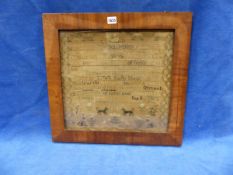 A MAHOGANY FRAMED SAMPLER BY A DAUGHTER OF THE STEEL FAMILY GIVING THEIR NAMES AND DATES OF BIRTH IN