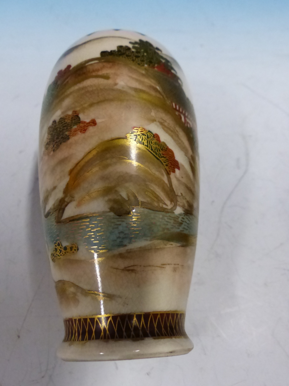 A SATSUMA OVOID VASE SIGNED JIZAN, PAINTED WITH A RIVERSIDE TEMPLE COMPLEX. H 13cms. TOGETHER WITH A - Image 3 of 4
