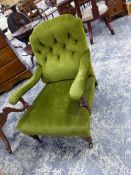 TWO SIMILAR MAHOGANY VICTORIAN HOWARD STYLE LOW ARMCHAIRS, ONE LACKING UPHOLSTERY.