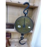 A SALTERS 100LB SPRING BALANCE WITH BRASS FACE. Dia. 24cms. TOGETHER WITH A MARPLE LEVEL IN PLANK