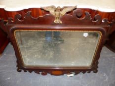 A 19th.C.MAHOGANY FRET FRAME WALL MIRROR WITH PHOENIX CREST AND SHELL INLAY. 95 x 79cms.